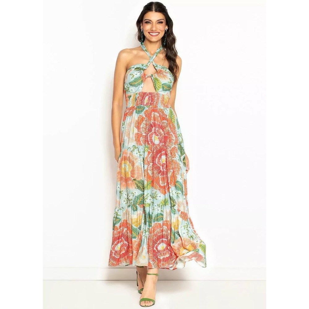 Farm Rio Floral Halter Neck Midi Dress Tropical Women's Medium Green Orange